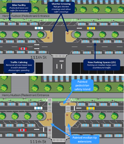 DOT's updated 111th Street plan (top) maintains two southbound traffic lanes and omits marked crosswalks included in the original plan (bottom). Images: DOT