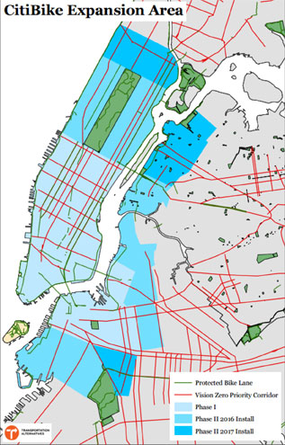 Outside the bike-share zone, there are fewer protected bike lanes (the black lines) and more streets with high injury rates (the red lines). Map: Transportation Alternatives