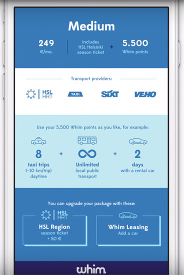 Whim provides unlimited access to transit in Helsinki and "points" to pay for other types of transportation services.