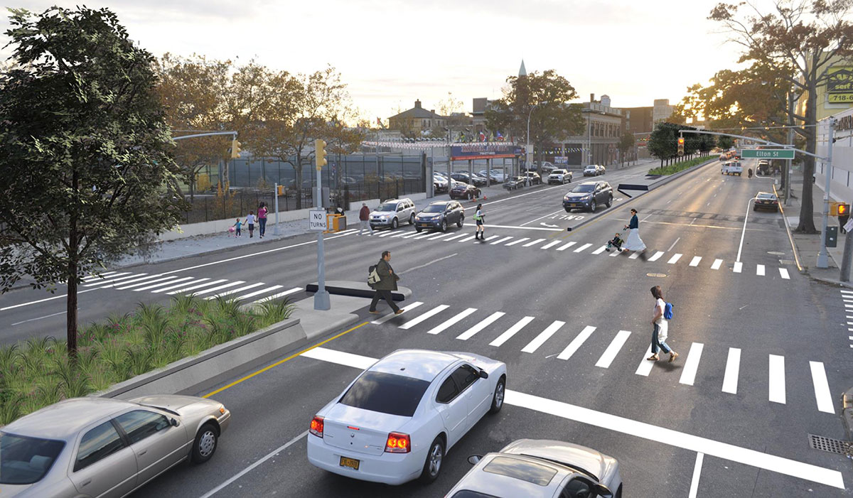 Atlantic Avenue at Elton Street has only two of design standard elements. Image: DOT
