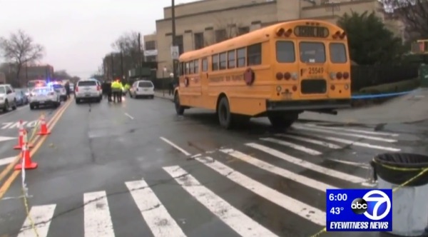 NYPD issued conflicting accounts on how the crash occurred. Video from the scene showed the school bus stopped at the crosswalk’s edge. Image: WABC