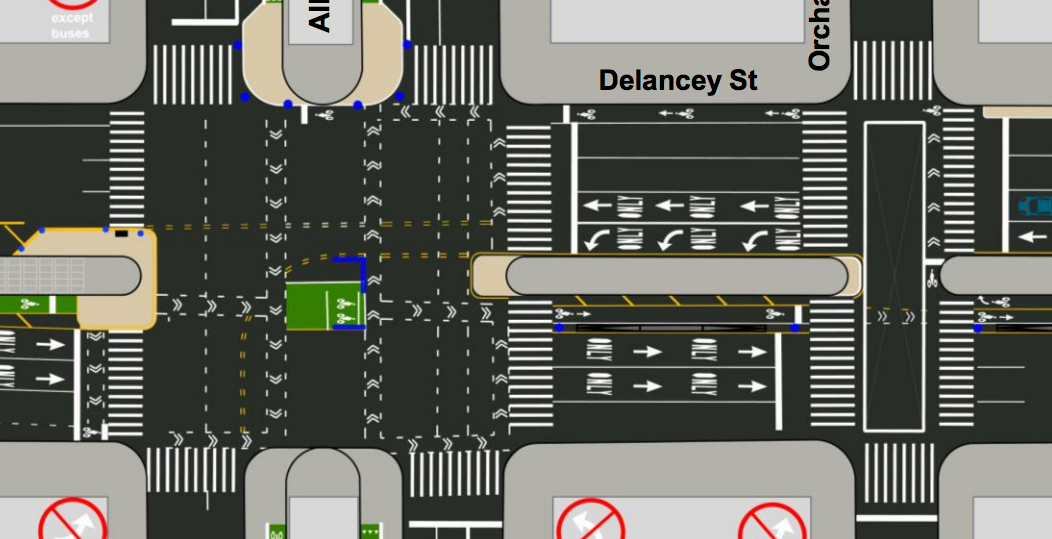 DOT's proposal routes westbound cyclists north onto Allen Street. Image: DOT