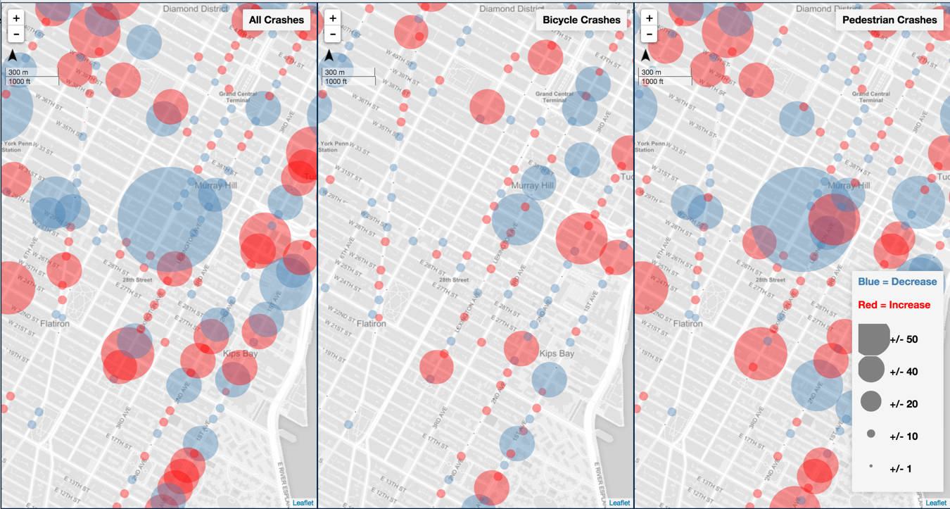 The map shows the level of increase or decrease in crashes causing injuries at locations of safety projects implemented between 2008 and 2014. Image: DataKind