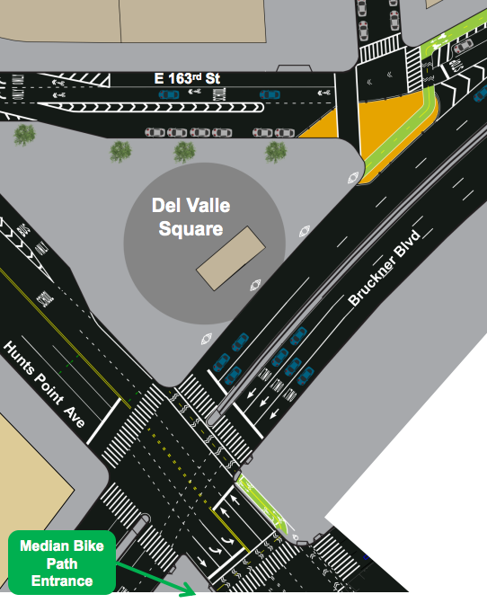 DOT's redesign maintains two lanes of car traffic on the Bruckner Boulevard service road, forcing cyclists onto the sidewalk right outside a subway entrance. Image: DOT