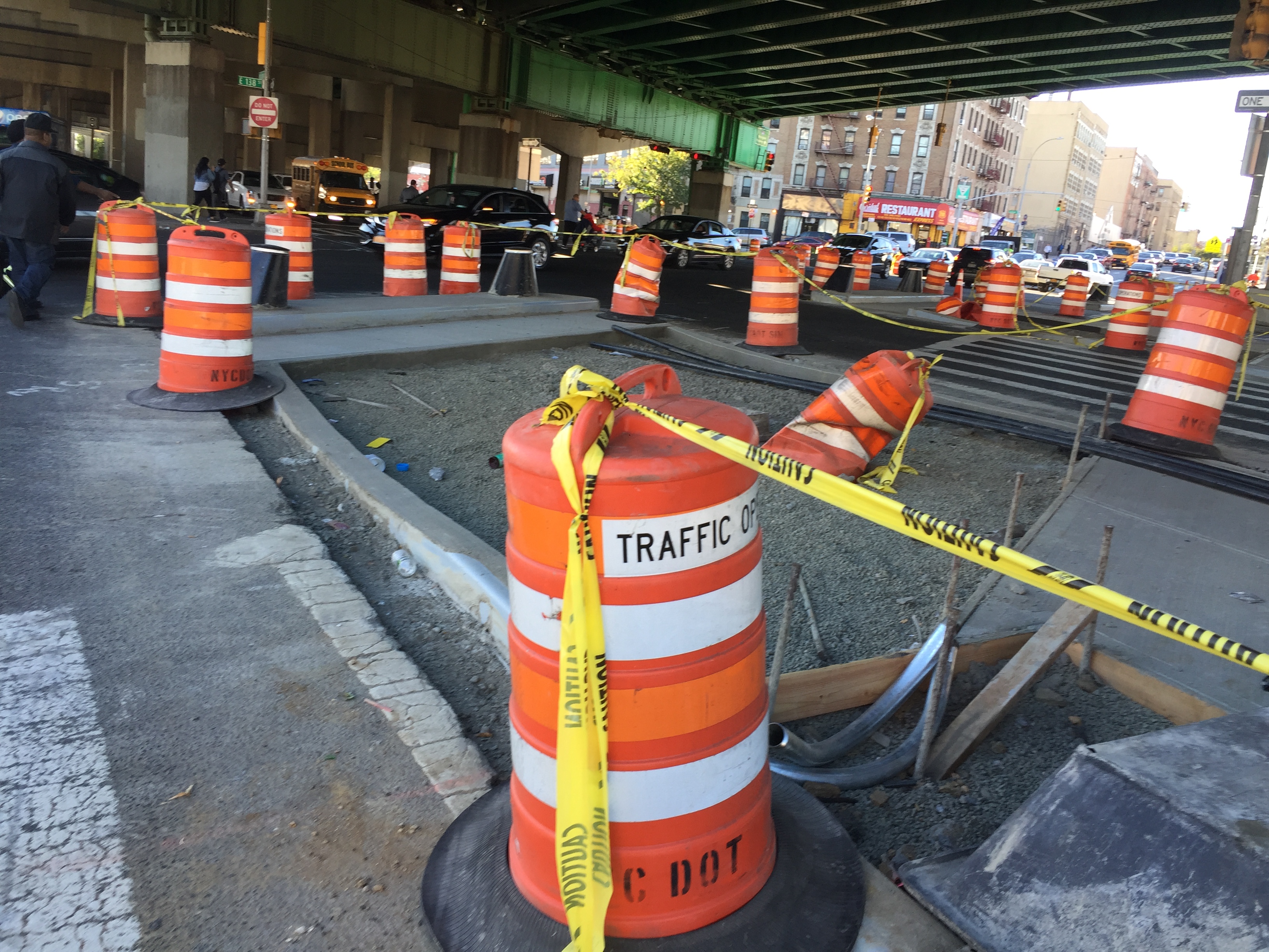 A newly-expanded pedestrian island at 138th Street below the Bruckner Expressway. Photo: David Meyer