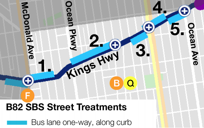 The dedicated bus lanes proposed for Kings Highway between McDonald Avenue and Ocean Avenue only run in one direction, and only during the weekday morning and evening rush hours. Image: DOT/MTA