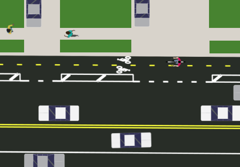 DOT's design for standard protected bike lanes that run along driveways, depicted here on East Hampton Boulevard in Queens. Image: DOT