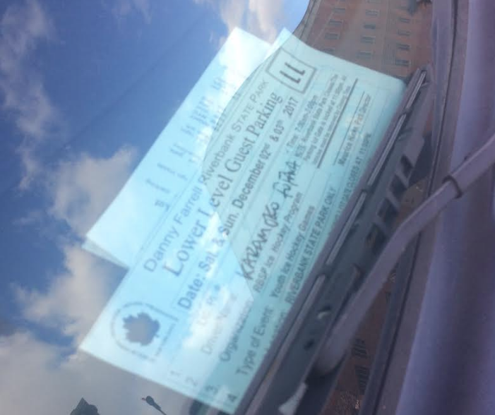 Apparently participating in Riverbank State Park's ice hockey league gives you permission to park in a bus stop a mile away. Photo: Wendy Frank