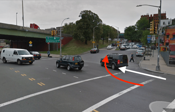The white arrow indicates the direction Vasquez was traveling and the red arrow shows the approximate path of the driver. Image: Google Maps