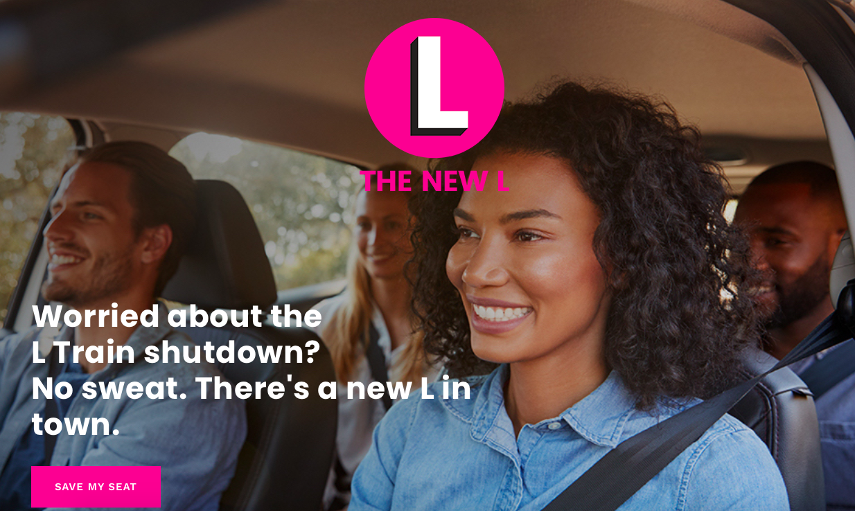 The homepage for "The New L" shows happy people in a car (with the steering wheel on the wrong side).