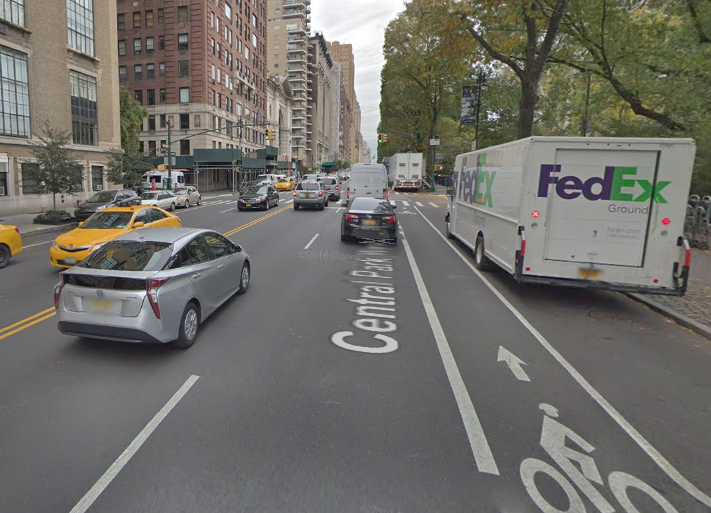 The unprotected bike lane on Central Park West at 66th Street, via Google Maps