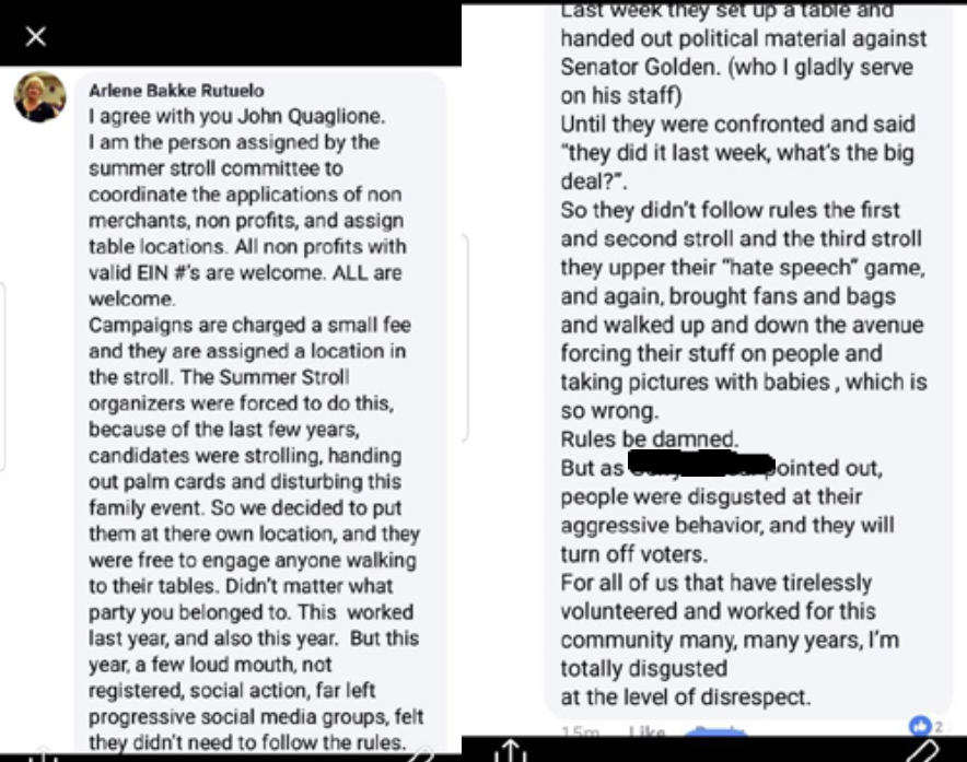 Arlene Rutuelo's comment on Quaglione's now-deleted Facebook post. Image: Lurie Strupinsky LLP