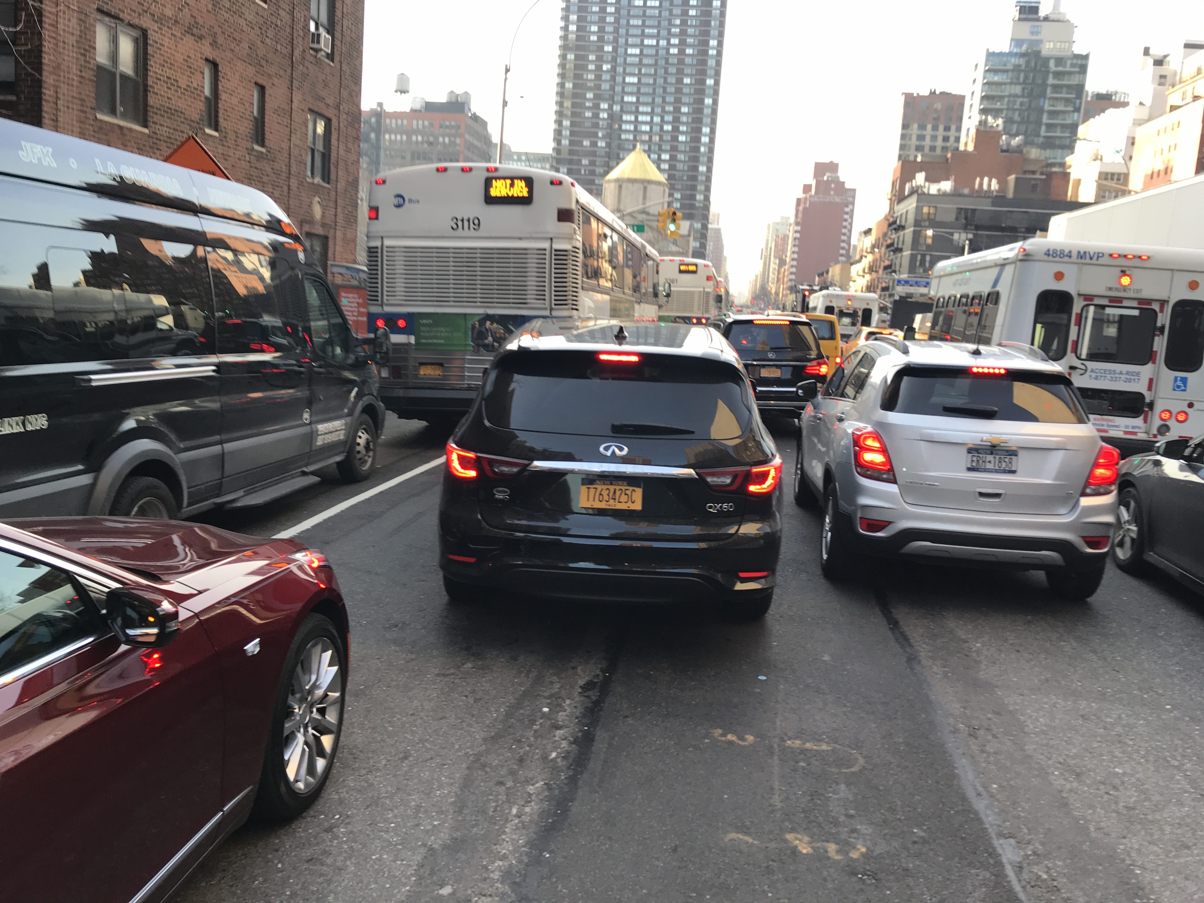 Welcome to hell: The gap in the Second Avenue bike lane forces cyclists into a scrum of car traffic. Photo: Gersh Kuntzman