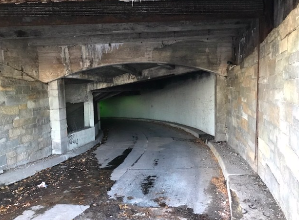 An up-close view of the inside of the tunnel which is currently a rarely used entrance to the underground parking garage. Photo: Mark Gorton