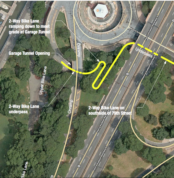 Option A: A two-way bike lane along 79th Street's south side that would not enter the Rotunda traffic circle.