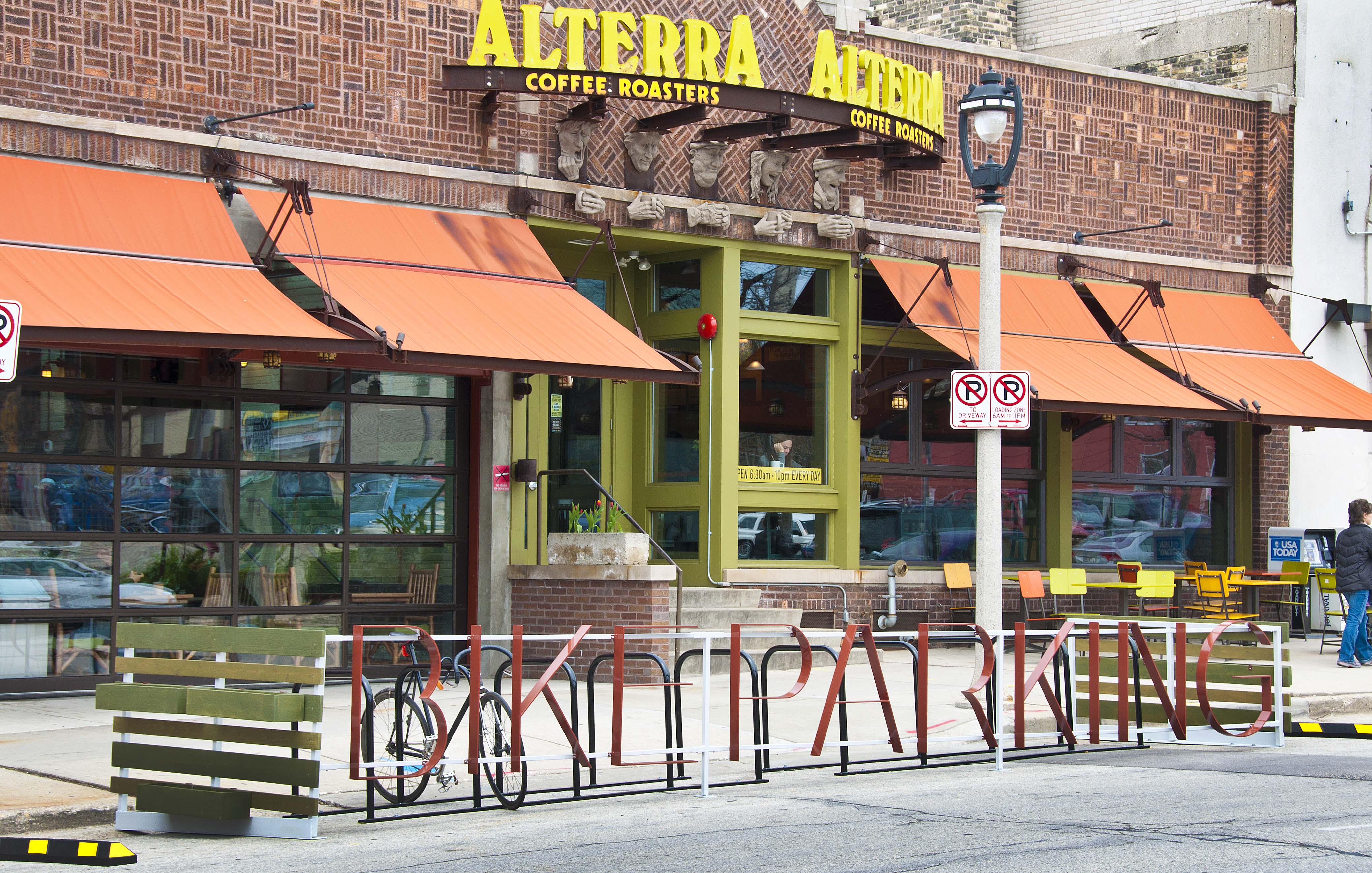 On-street bike parking in Milwaukee. Photo: Over the Bars in Wisconsin