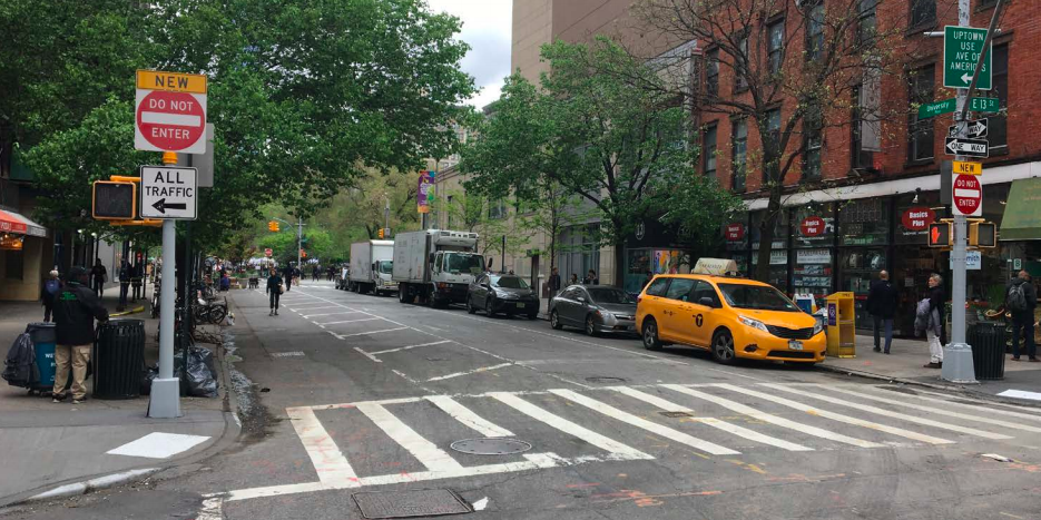 An unreconstructed block of University Place, pictured in 2019. This is the view looking north from 13th Street. Photo: DOT
