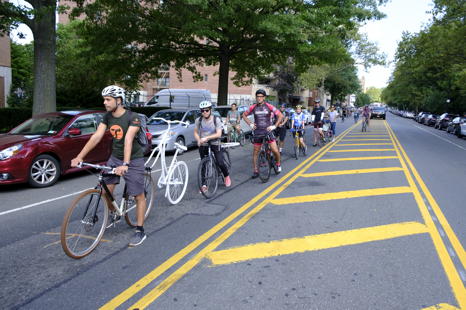 A cyclist towed Alzorriz's ghost bike from Grand Army Plaza to the crash site. Photo: Vladimir Vince
