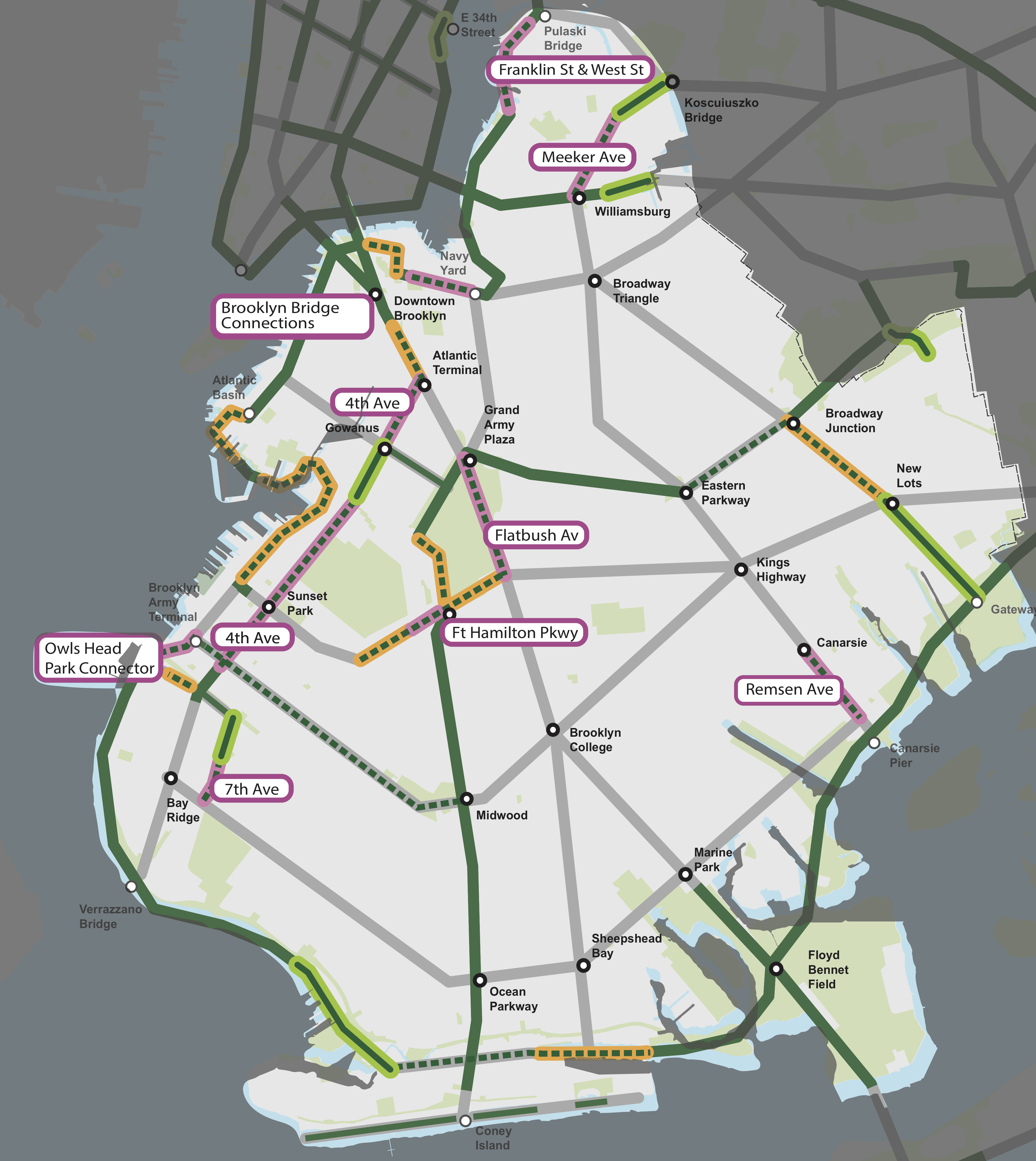 Here's the Brooklyn proposal that DOT will reveal today. The pink lines with green dashes are this year's projects. Yellow lines with green dashes are possible routes to be added next year. Projects completed last year are in two-shaded shapes and previous year projects are in dark green. Photo: DOT