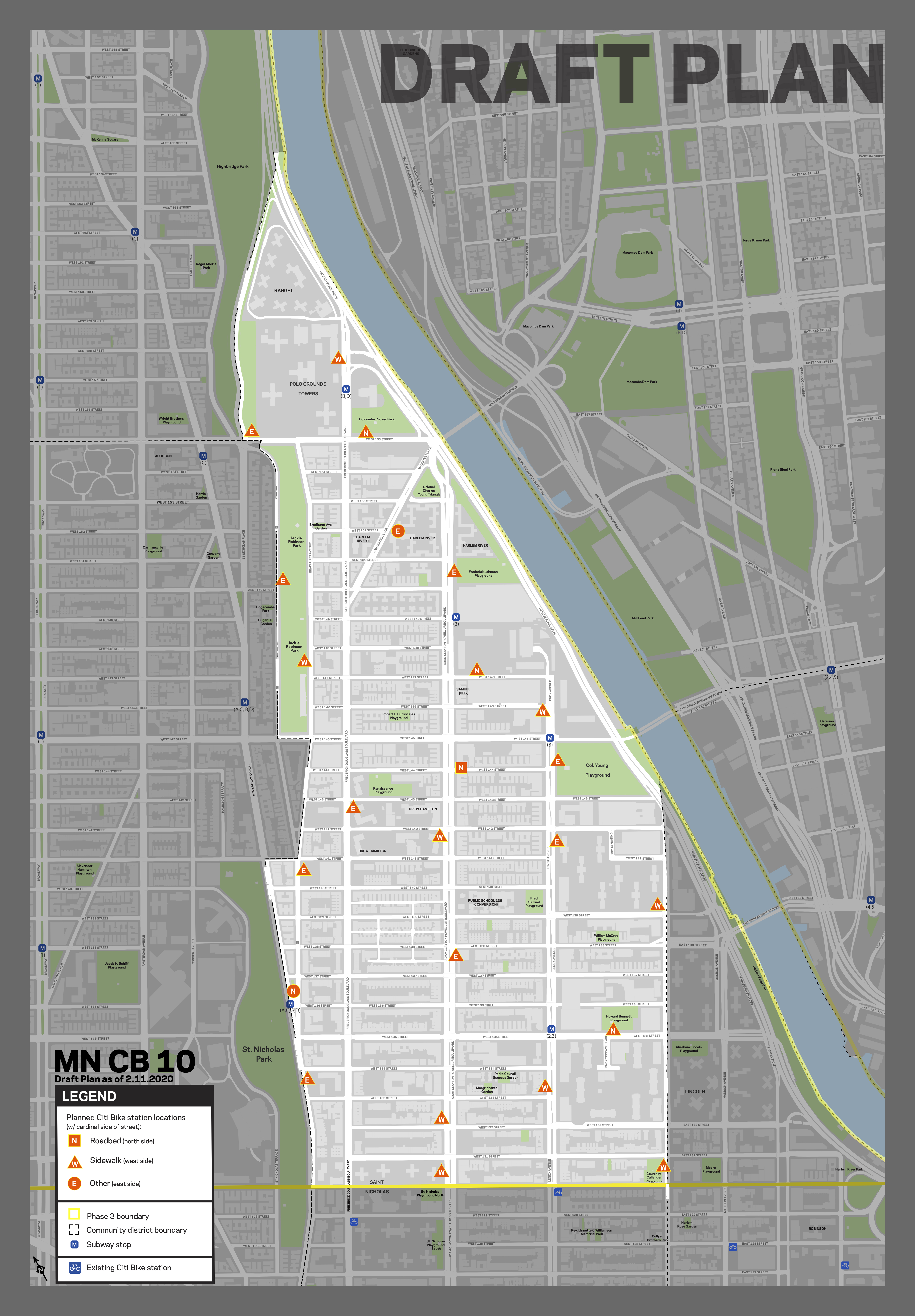 The expansion zone in Manhattan's CB10 includes lots of bikes on the sidewalk (triangles). Photo: DOT