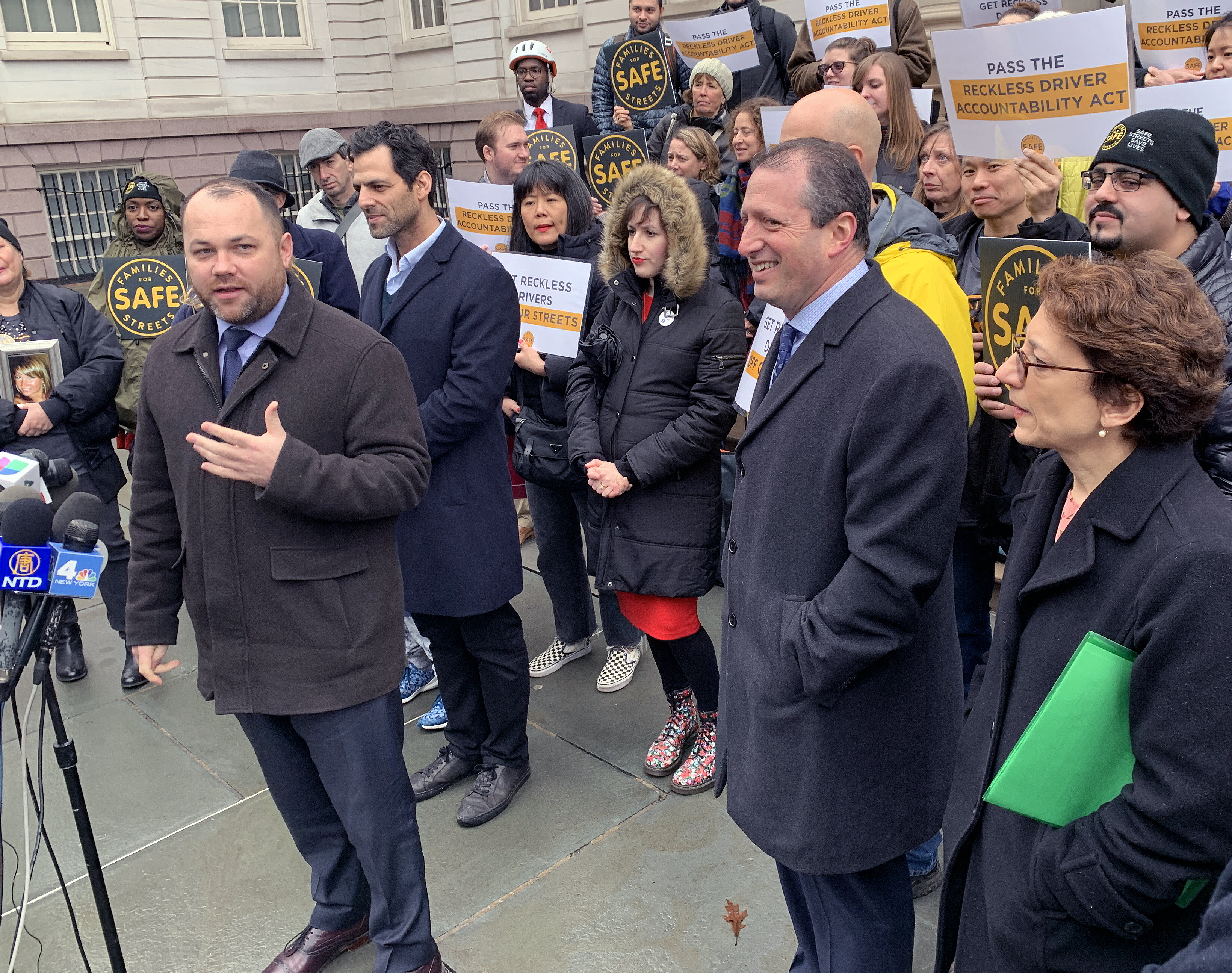 Council Speaker Corey Johnson lauded Council Member Brad Lander (to his left) and DOT Commissioner Polly Trottenberg (far right in photo) for the new "Dangerous Vehicle Abatement Program." Photo: Gersh Kuntzman
