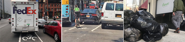 A triptych of terror: Here's what bad curb policy gets us (from left): Double-parked trucks, cyclists hung out to dry and garbage squeezing pedestrians.