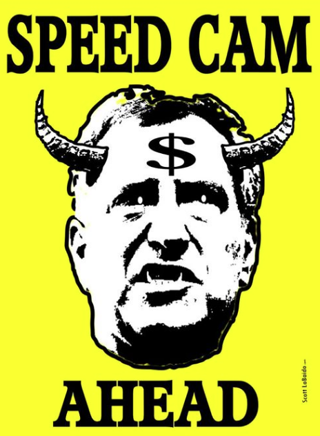Scott LoBaido's anti-speed-camera poster tells you just what he thinks about Mayor de Blasio. Image: Scott LoBaido via Facebook