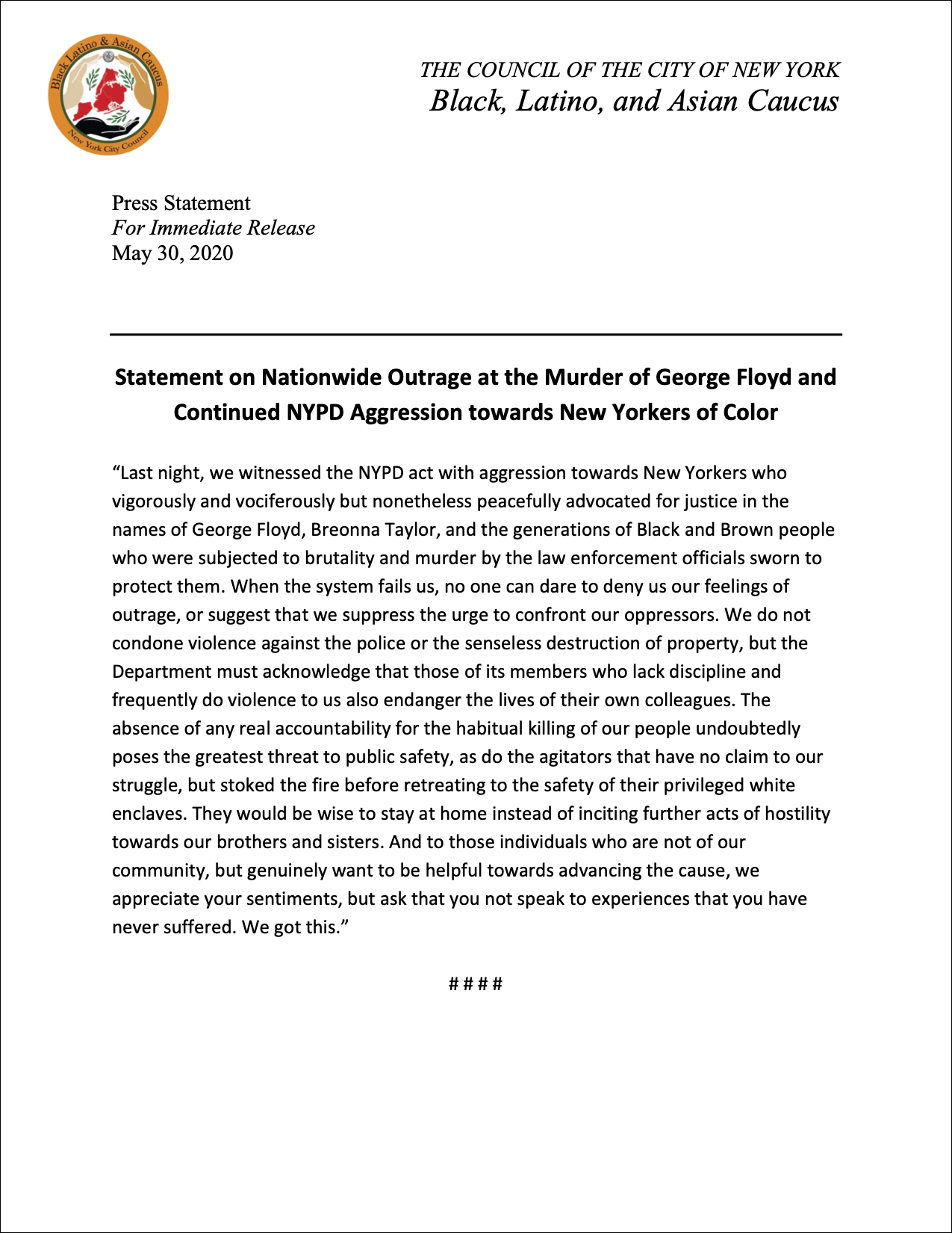 The Council's Black, Latino and Asian Caucus wrote this letter to Mayor de Blasio. He chose to quote only a portion of it.