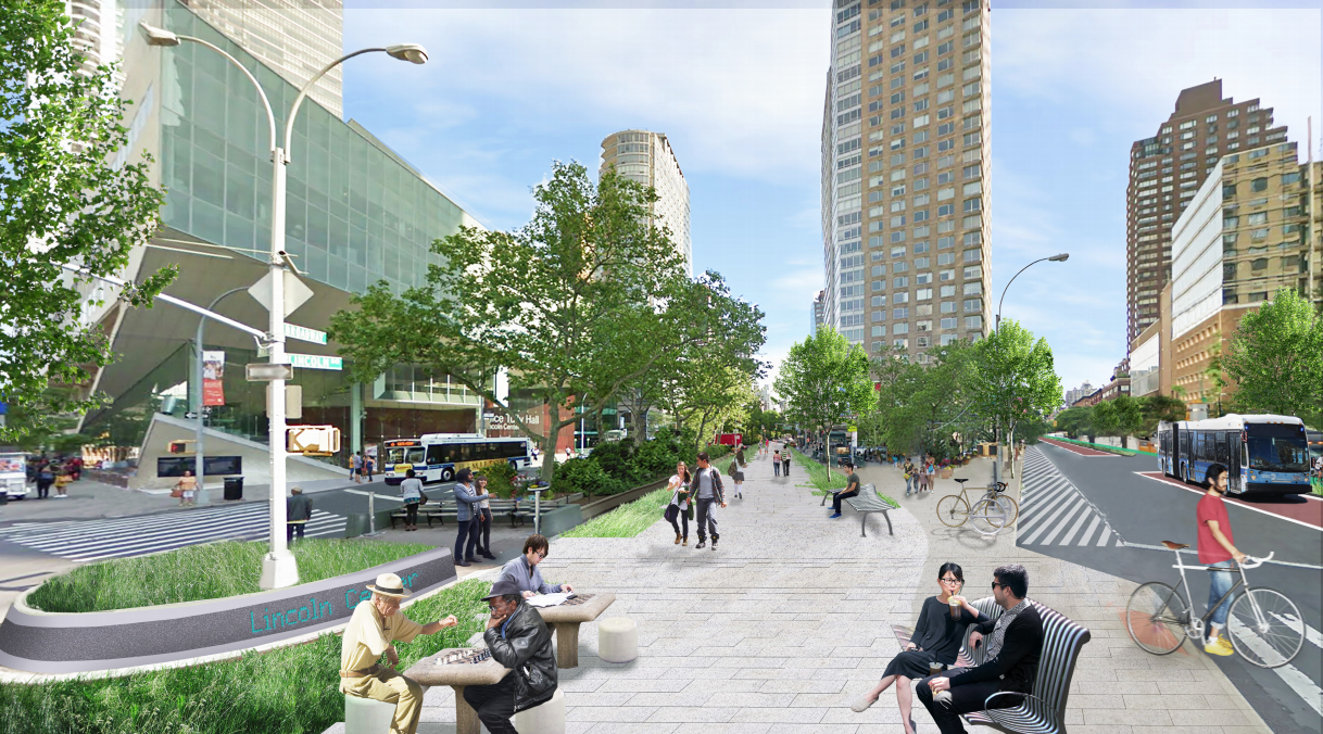 This visioning exercise from Streetopia’s launch shows a complete redesign of Broadway, including pedestrian space within the Broadway Malls, bike lanes and bus-only lanes. Image: Streetopia UWS