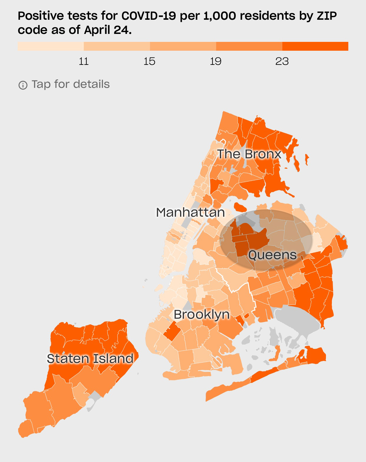 A city map showing the COVID-19 hotspots shows very few cases in Flushing, but an epicenter of illness in neighborhoods just to the west (circled zone). Cases were very few in Manhattan's Chinatown neighborhood.