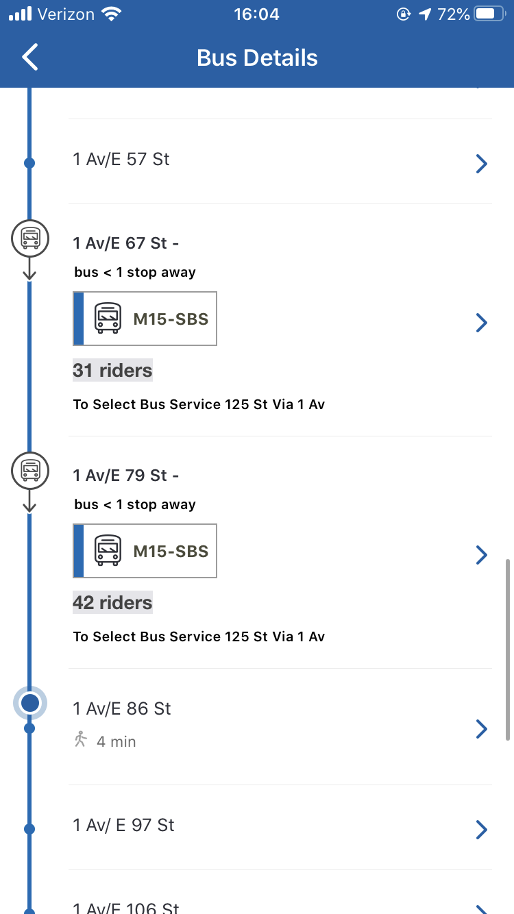 The myMTA screen for the M15 bus route, containing the new crowding data.