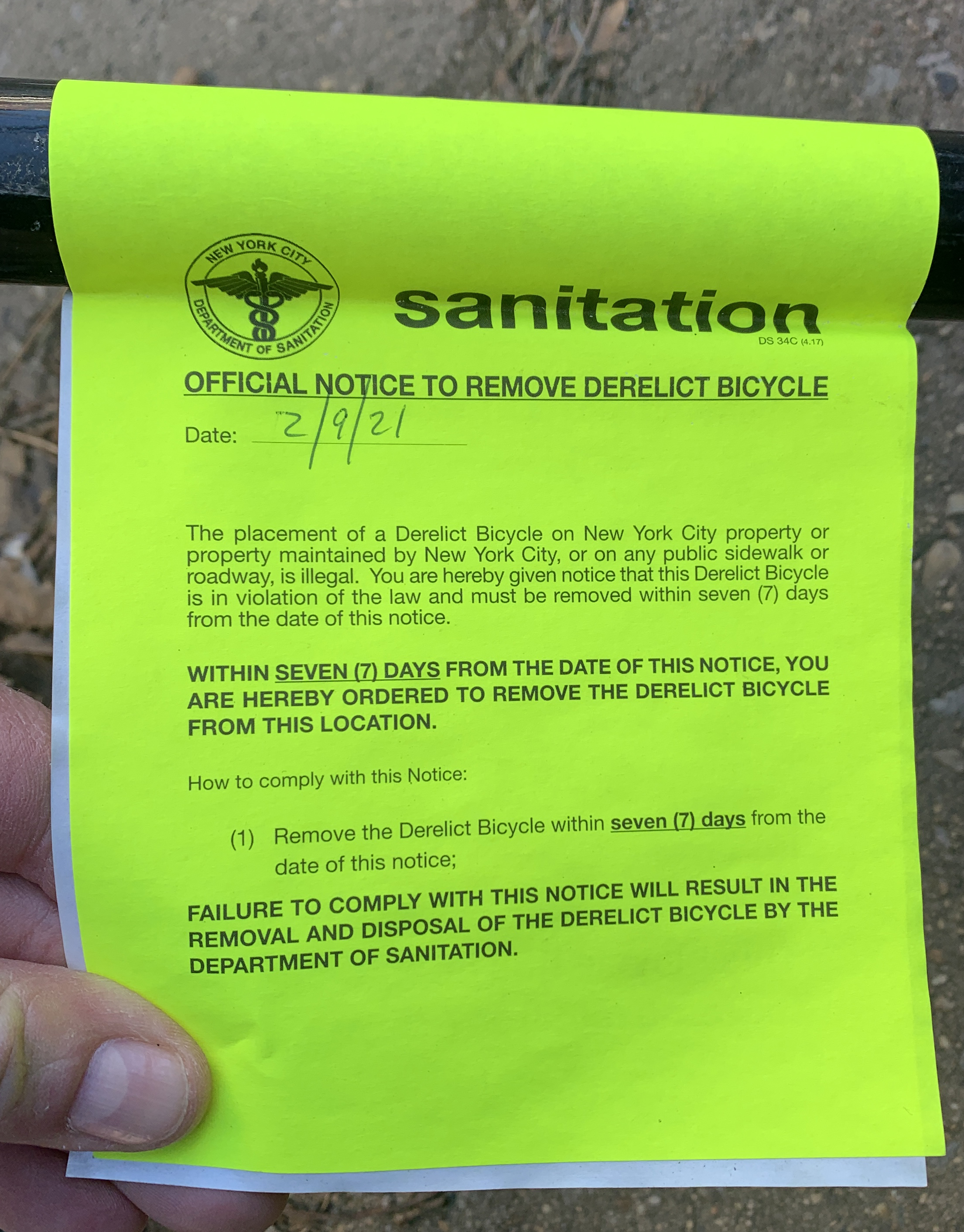 A Sanitation bike removal form.