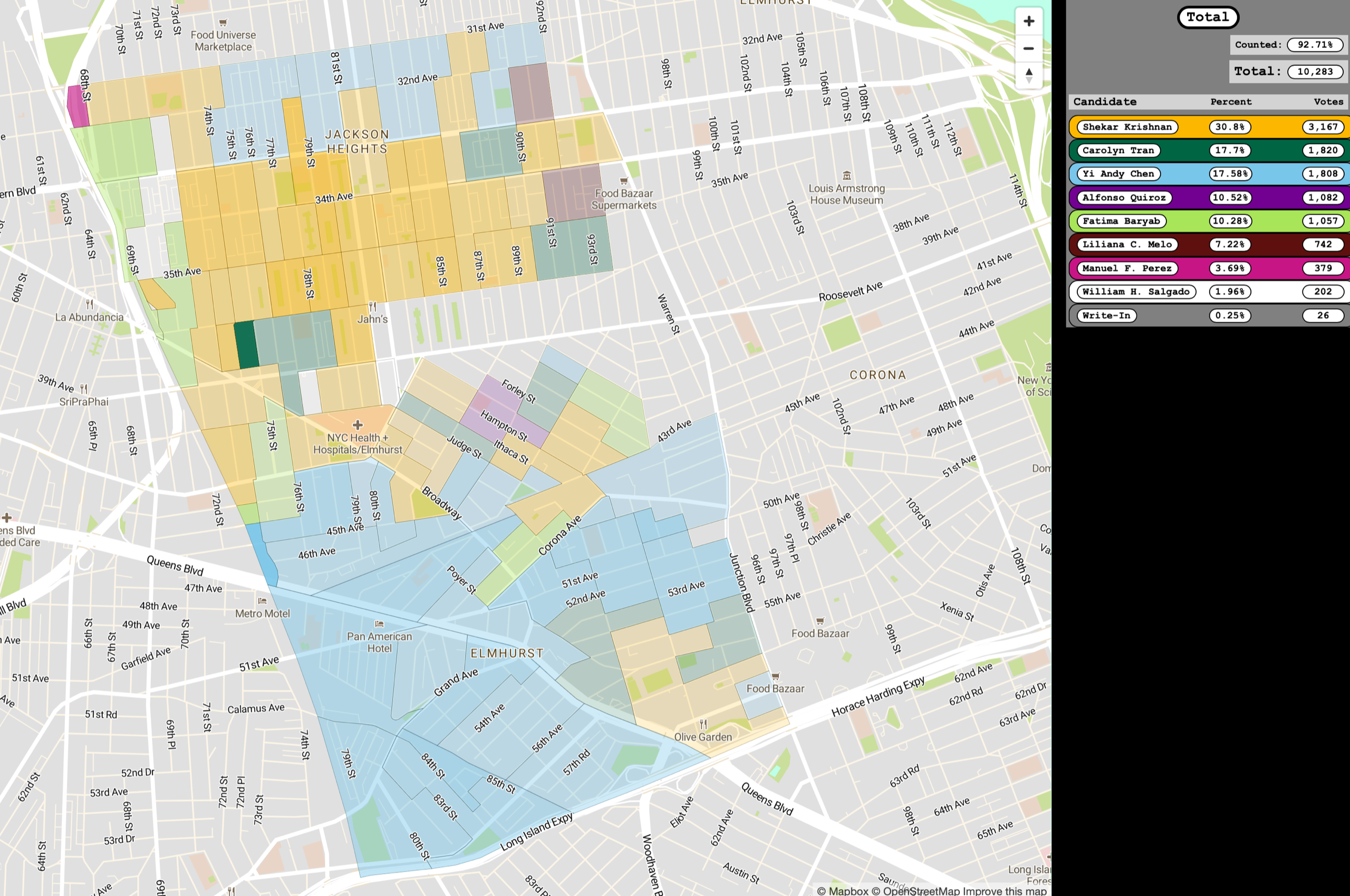 Yi Chen's voters (blue) were concentrated farthest from the open street, while Shekar Krishnan's (yellow) were along the open street, which he supported.