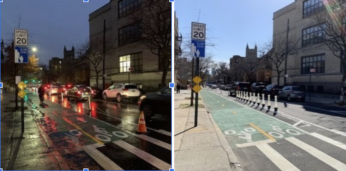 Crescent Street before and after: left, flex posts; right, Qwick Curbs.