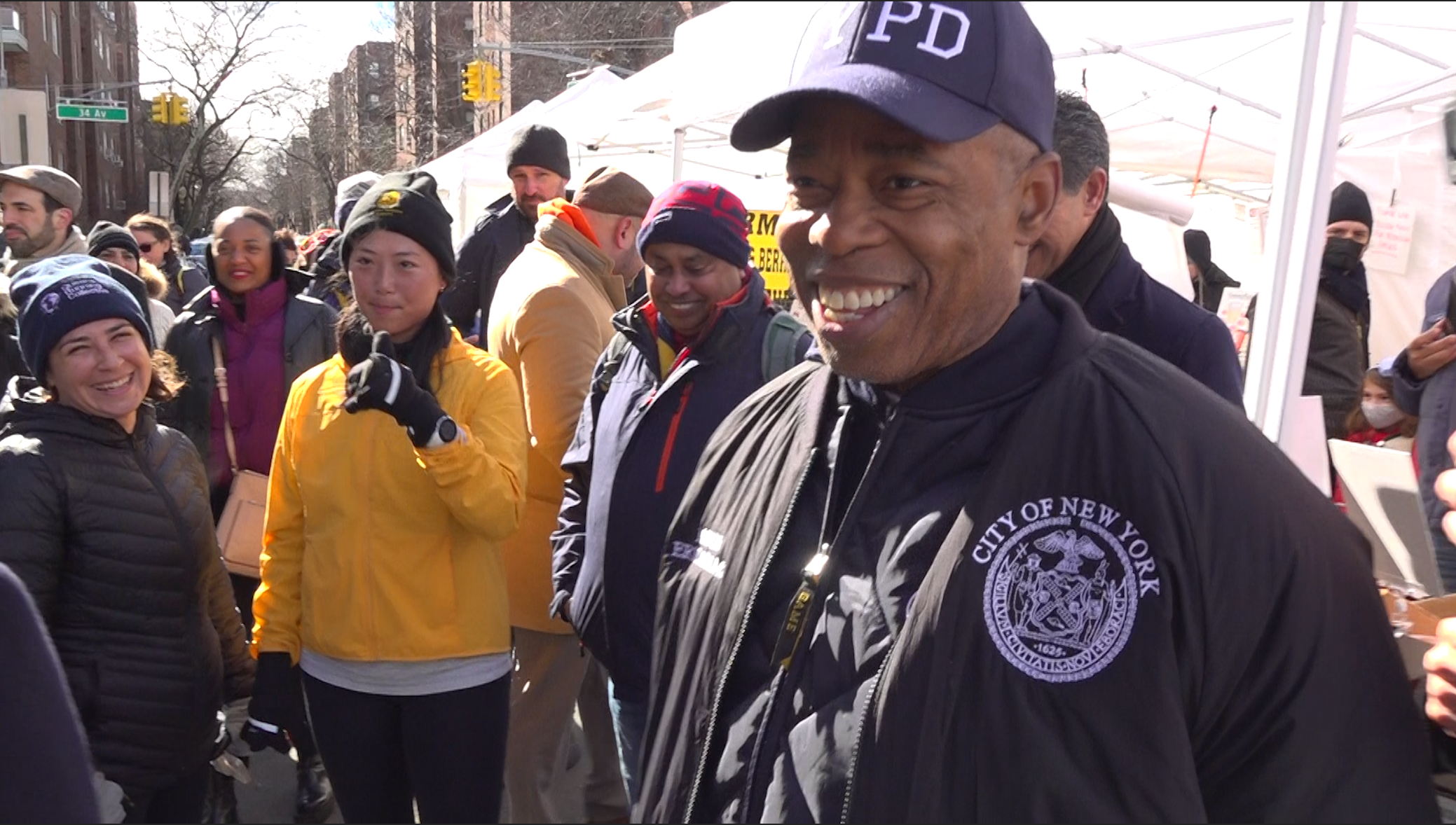 Mayor Adams seemed pleased to be on 34th Avenue. Photo: Clarence Eckerson Jr.