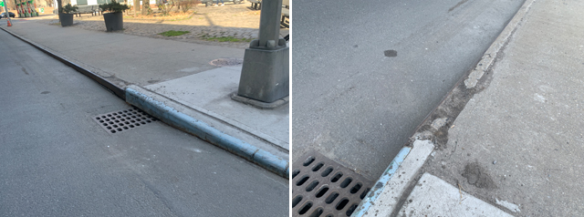 The sunken grate (left) and broken curb created a hazard on the night Imorne Horton fell and was killed in Red Hook. Photos: Gersh Kuntzman