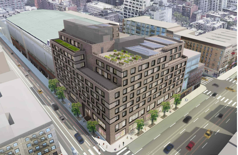 This or a parking lot? A rendering of The Lirio that developers want to build on current MTA parking lot in Hell's Kitchen. Source: CetraRuddy