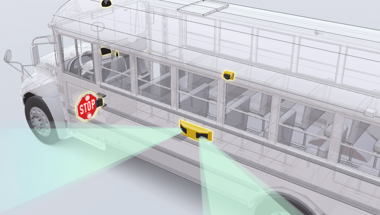 An illustration shows the reach of school-bus-mounted cameras. Image: BusPatrol