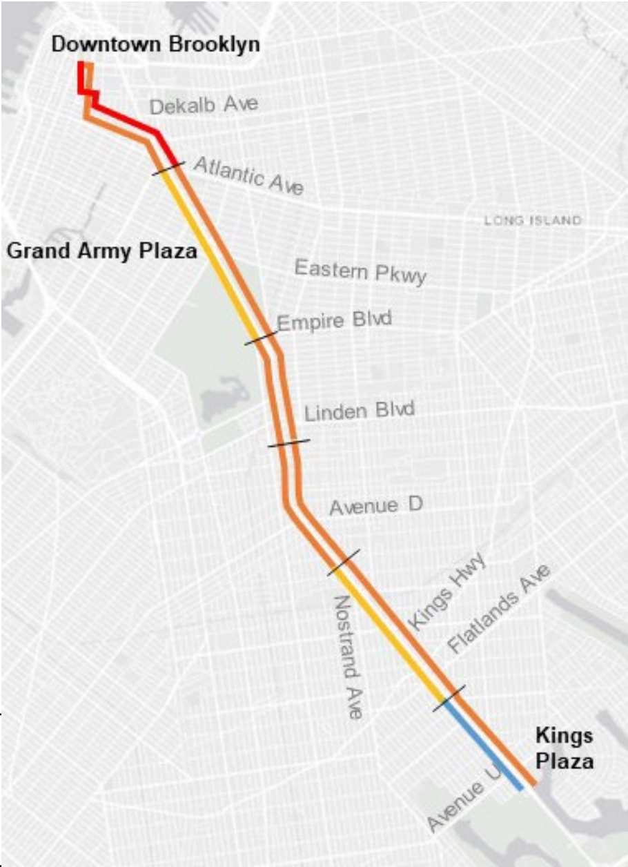 The B41 bus slows down to a crawl once it reaches Downtown Brooklyn. Map: NYC DOT