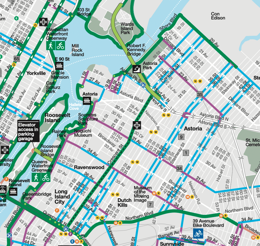 Astoria has one key protected bike lane running through the middle, but not much else to keep cyclists safe, activists say. Map: DOT