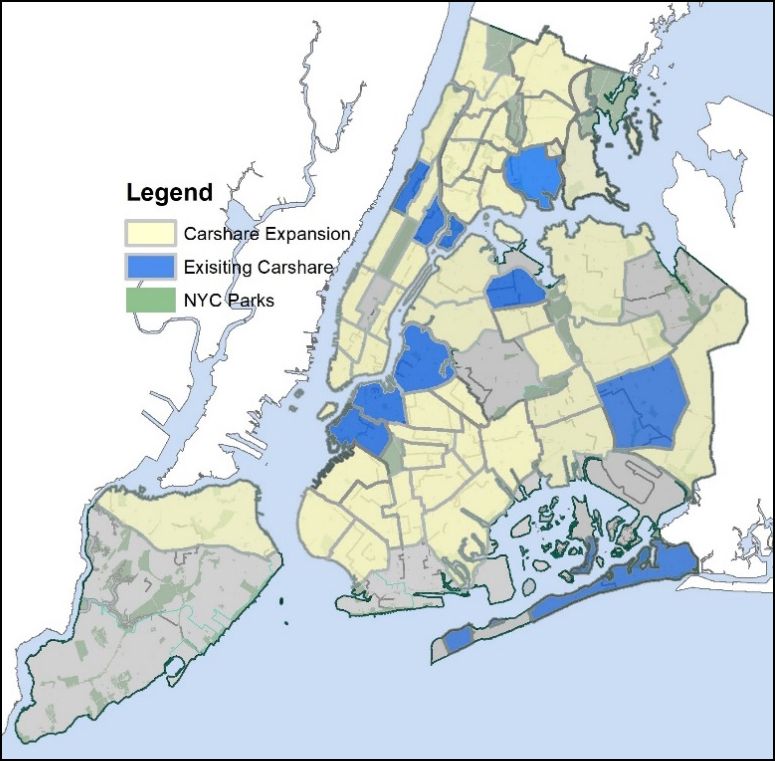 NYC DOT’s carshare map illustrating existing service and future expansion, which begins this week. Source: NYC DOT