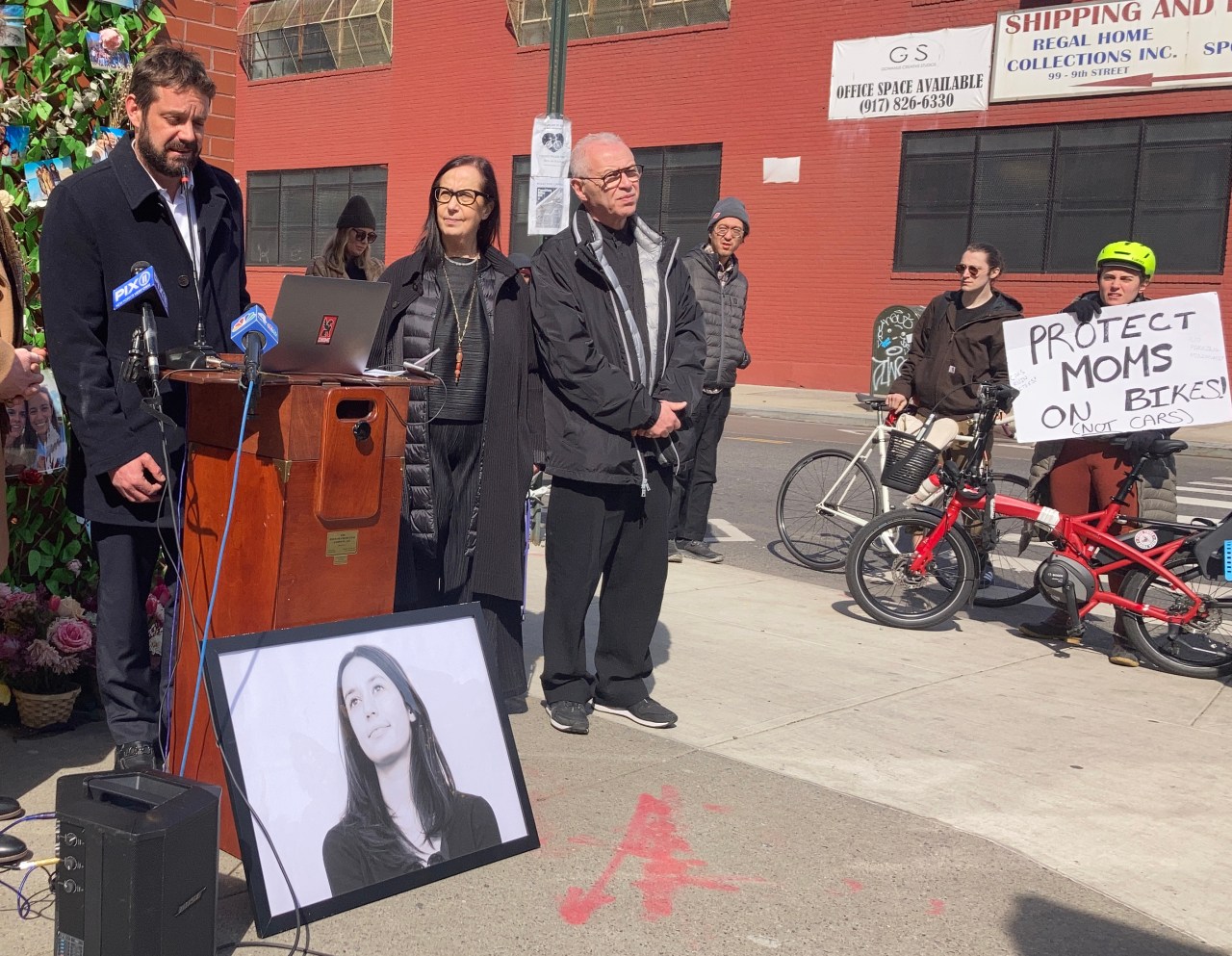 Sarah Schick's husband, Maxime Le Mounier, during a press conference at the site where she was killed on Monday. Photo: Julianne Cuba