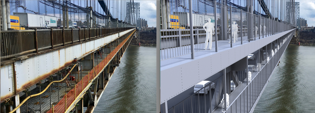 Another configuration would replace the temporary catwalk beneath the walkway with a permanent bikeway. Image: Neile Weissman, Joseph Lertola