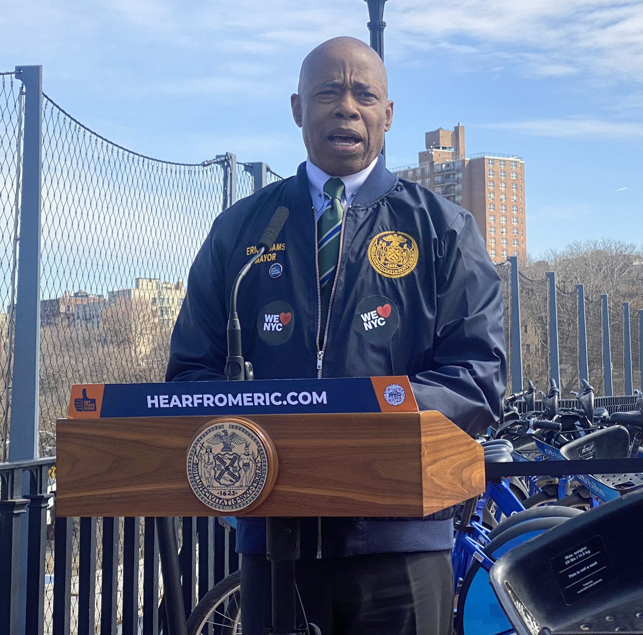 Mayor Adams on the High Bridge on Wednesday. Photo: Kevin Duggan