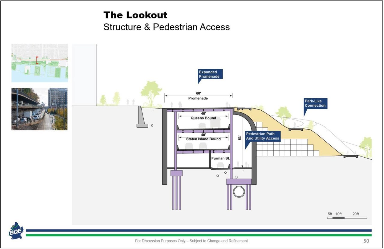 Officials expect to be able to have 60 foot of space for a new highway in place of the current triple-cantilever. Graphic: NYC DOT