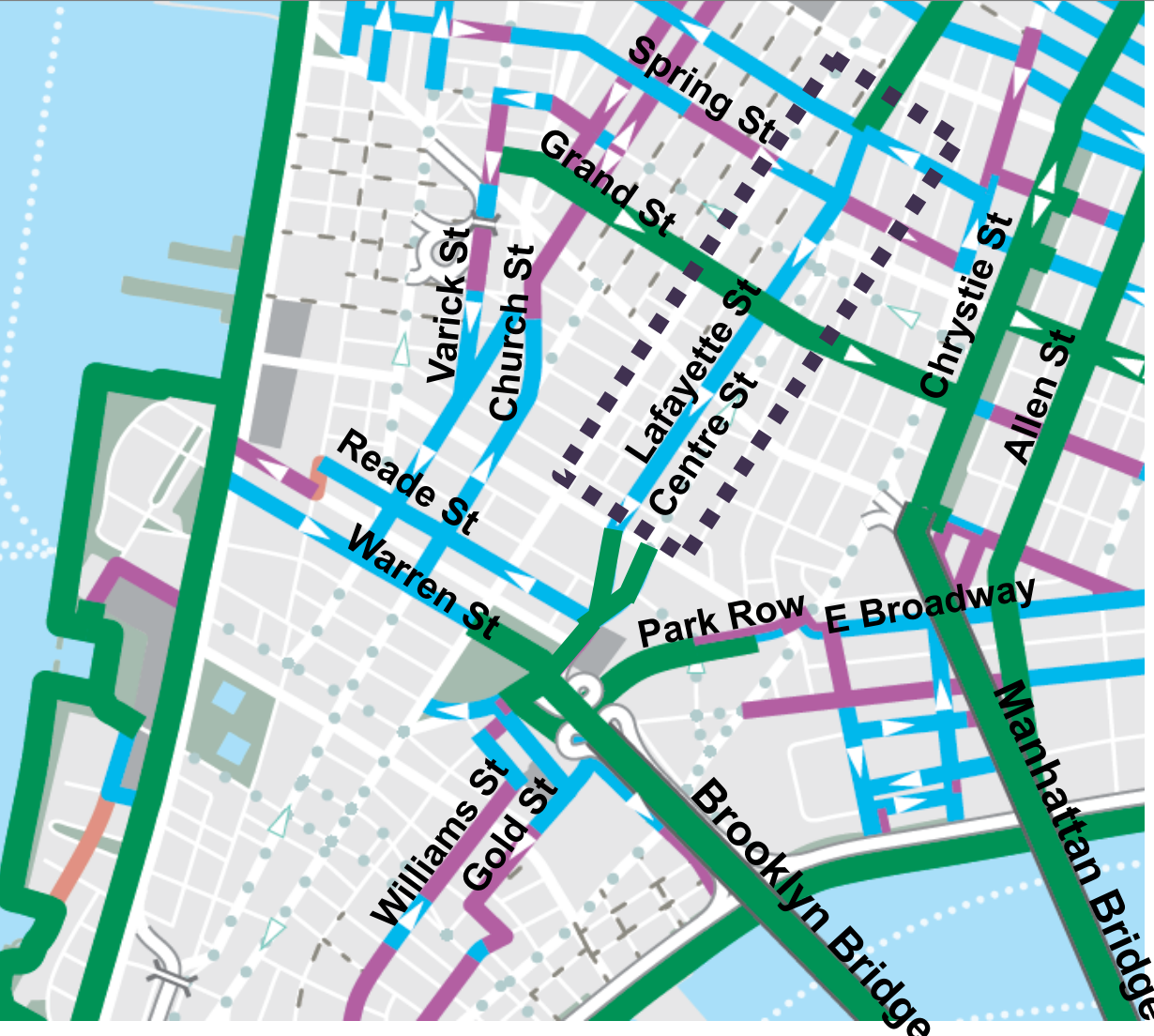 Centre Street and its southbound counterpart Lafayette Street provide essential connections for cyclists heading to and from the Brooklyn Bridge. Map: DOT