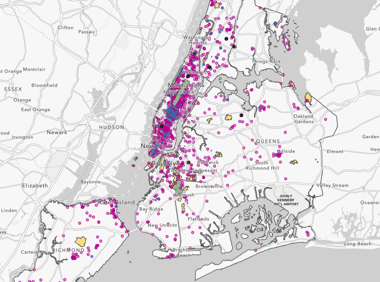 Landmarks (the pink and blue dots) and historic districts (yellow) cover large parts of the city. Map: Landmarks Preservation Commission