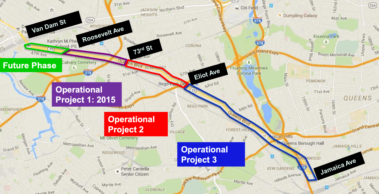 This was the plan presented in 2015 for all of Queens Boulevard. All but the eastern stretch has been accomplished. Graphic: DOT