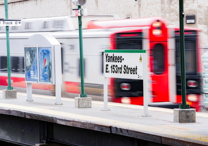 A Metro-North train that runs on the New Haven Line at the Yankees-E. 153rd Street station on Wednesday, Apr. 6, 2022.