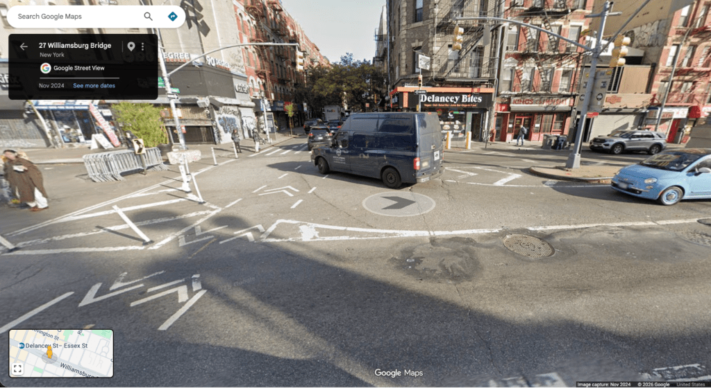 Google Street View of the Williamsburg Bridge off-ramp, looking from the bridge exit onto Clinton Street.